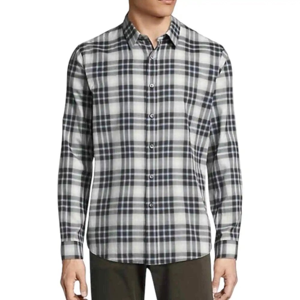 Theory Flanella Plaid 100% Cotton Casual Button-Down Shirt Wht Gray Blk Lt Blue